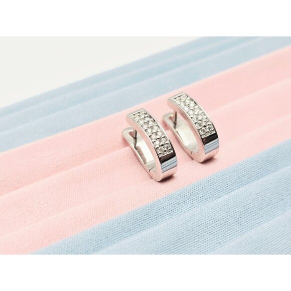 Beautiful 14K Karat Solid White Gold Round Diamond Hinged Half Hoop Earrings - Picture 1 of 16